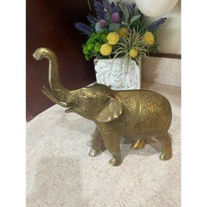 Vintage Brass Ornate Etched Elephant Figure 8” Tall